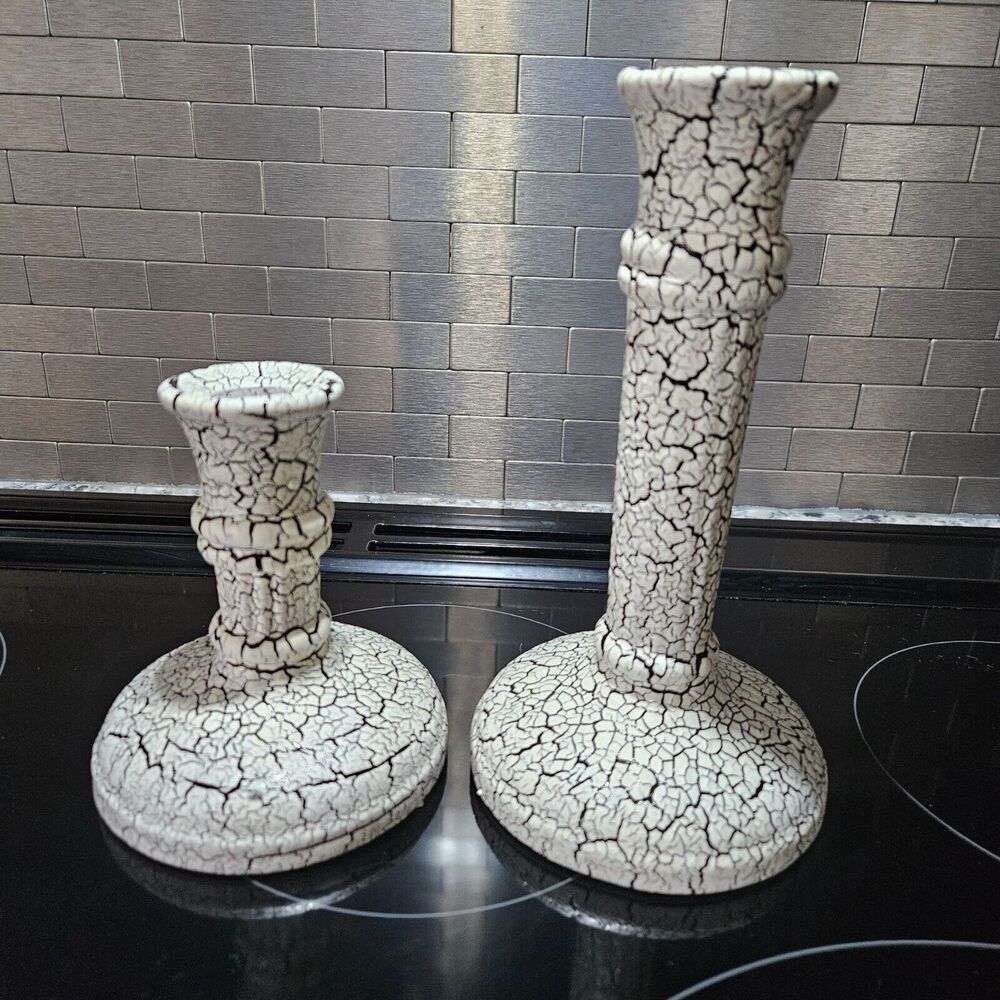 Haeger Ceramic Crackle Glaze Candlestick Column Holdes 1996 Set of 2 Black Ivory